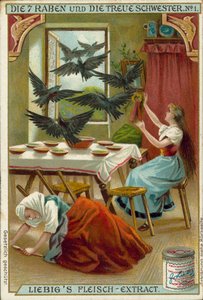 Scène uit De zeven raven, sprookje van de gebroeders Grimm (chromolitho) door European School