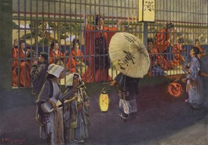 Scène in de wijk Yoshiwara in Tokio, Japan (kleurenlitho) door European School