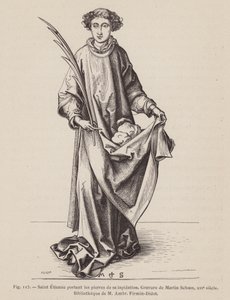 St. Stefanus draagt een martelaarspalm en de stenen gebruikt in zijn martelaarschap (gravure) door European School