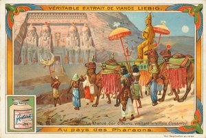 Beeld van Osiris op bezoek in de tempel van Ipsambul, Liebig-kaart, begin 20e eeuw (chromo) door European School