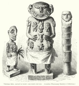 Tahitiaanse afgoden, uit hout gesneden (gravure)