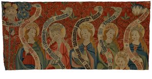 Wandtapijtfragment met de Almachtige en zes heilige vrouwen, waarschijnlijk van een antependium, eind 15e eeuw