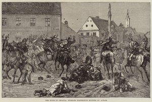 De rellen in Kroatië, huzaren verdrijven relschoppers in Agram (gravure)