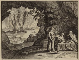 De verbranding van Sodom, en Lots dochters die hem dronken voeren zodat ze kinderen van hem konden krijgen (gravure)