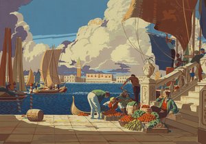 Venetië, kijkend over de lagune naar San Marco (kleurenlitho) door European School