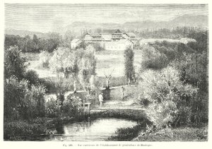 Exterieur van de viskwekerij van Huningue (gravure) door European School