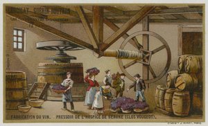 Wijnmaken: wijnpers van de Hospices de Beaune, Clos de Vougeot, Bourgondië, Frankrijk door European School