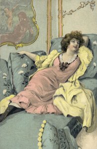 Vrouw liggend op een bank (kleurenlitho)