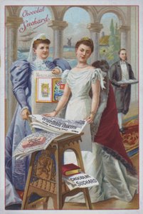 Vrouw met een krant, advertentie voor Suchard chocolade door European School