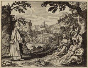 Zacharia waarschuwt de Joden tegen het herhalen van de zonden van hun vaders (gravure) door European School