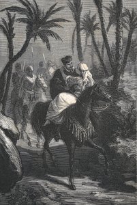 Cervantes rijdt op een paard met een vrouw in een oase door Eusebio Planas
