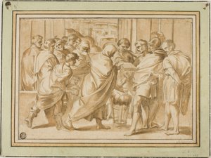Scène uit de Romeinse Geschiedenis, met Geklede Figuur die Boek aan Heerser Overhandigt door Eustache Le Sueur