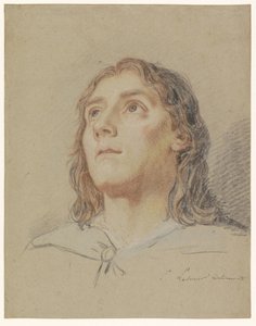 Hoofd van een opziende jongeling met lang haar door Eustache Lesueur