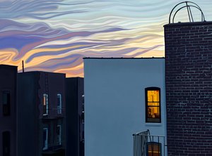 Flatgebouwen en Gloeiende Vensters met Dramatische Hemel en Wolken bij Schemering Op Zomerschemering.(digitale kunst)
