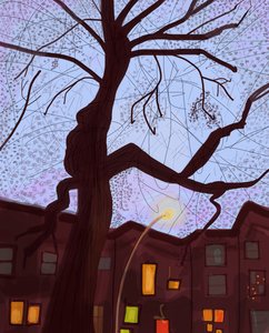Brooklyn Brownstone Street At Dusk, 2016 (met de hand getekend op een iPad met een Apple potlood) door Evan Sklar