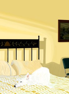 Hond rustend op bed, c.2020-24 (digitale kunst) door Evan Sklar