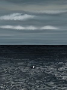 Drijvende meeuw op water en stormachtige lucht (digitale kunst)