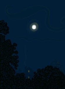 Huis met gevel en maan bij nacht schaduwen van bomen (digitale kunst)