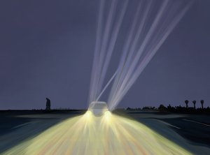 Man die in parkeerterrein van het Strand van de Vuurtoren bij Nacht loopt, Chatham, Massa (digitale kunst) door Evan Sklar