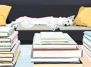 Minnie op sofa met boeken, c.2020-24 (digitale kunst)