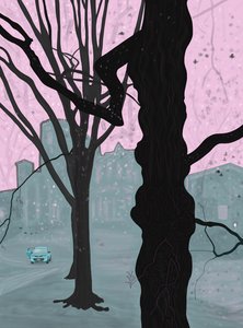 Oude boom, oud huis en auto, Brooklyn (digitale kunst) door Evan Sklar