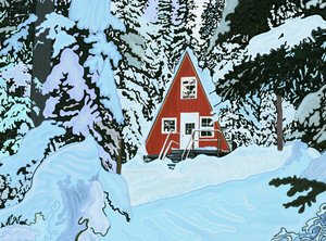 Rood, een kozijnhuis in sneeuw bij nacht (digitale kunst)