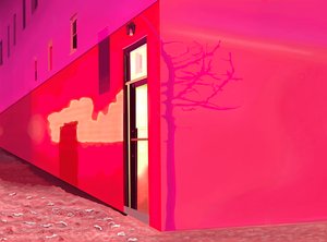 Rood licht van sirene en schaduwen van kleine boom aan zijkant van gebouw op 12e straat op besneeuwde nacht (digitale kunst) door Evan Sklar