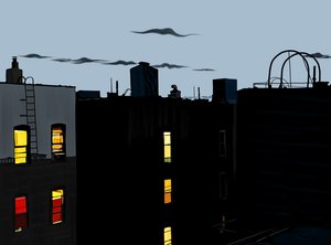 Daken en gebouwen op zomernacht (digitale kunst)