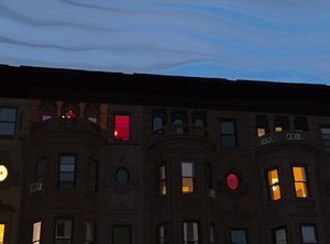 Rijtjeshuizen met kleurrijke en verlichte ramen, Brooklyn (digitale kunst) door Evan Sklar