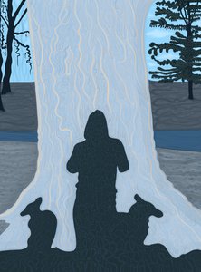 Schaduw van mens en hond op grote boomstam, Brooklyn (digitale kunst)