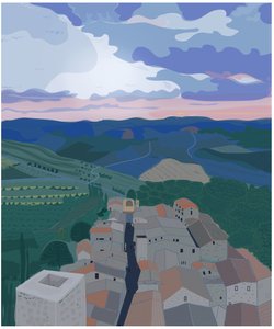 Klein dorpje in Toscane, 2015 (met de hand getekend op een iPad met een Apple potlood) door Evan Sklar