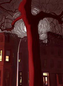 Straat en boom bij nacht verlicht door sirenes en straatlantaarn (digitale kunst)