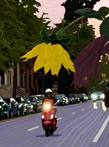 Zonnebloem en man die rode scooter bestuurt (digitale kunst) door Evan Sklar