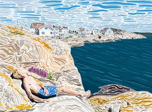 Jonge man aan zee in de zomer zonnen op rotsen. (digitale kunst) door Evan Sklar
