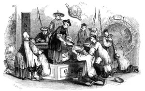 Uitdelen van graan aan de mensen tijdens een periode van schaarste, 1847 door Evans