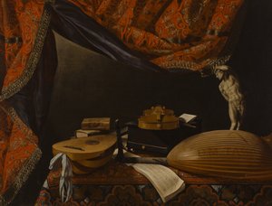 Stilleven met muziekinstrumenten, boeken en beeldhouwwerk, c. 1650 door Evaristo Baschenis