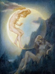 Symbolisme : "La Terre endormie et la Lune se reveillant" (De slapende aarde en de ontwakende maan) Peinture de Evelyn De Morgan (1855-1919) (pre-raphaelite) Collection privee
