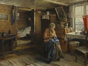 Vrouw in boereninterieur