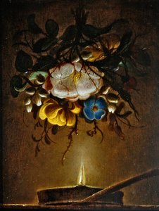Een stilleven met een boeket bloemen hangend bij een kaars door Evert van Aelst