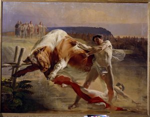 De krachtproef van Jan Usmar. Legendarische Russische held, getest door grootvorst Vladimir om een stier met blote handen te stoppen