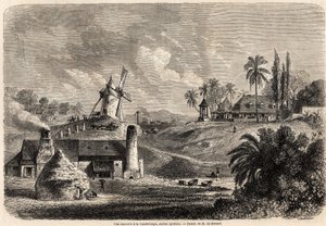 Een suikerfabriek in Guadeloupe, tekening door Auguste de Berard (1824-1881), ter illustratie van de reizen naar de West-Indië, in 1858-1859, door Anthony Trollope (1815-1882). Gravure in 