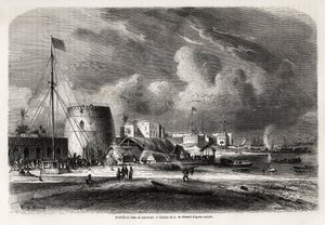 Haven van de stad Zanzibar (huidig Tanzania), tekening door Evremond de Berard (1824-1881), ter illustratie van de reis van kapitein Burton naar de Grote Meren van Oost-Afrika in 1857-1859. Gravure in "Le tour du monde, nouveau journal des voyages" Parijs door Evremond de (after) Berard