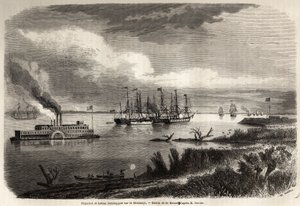 Schip en sleepboot op de Mississippi, tekening door Evremond Auguste de Berard (1824-1881), ter illustratie van de reis naar New Orleans in 1855 door Elysee (Elisee) Reclus (1830-1905). Gravure in "Le tour du monde, nouveau journal des voyages" Parijs door Evremond de (after) Berard
