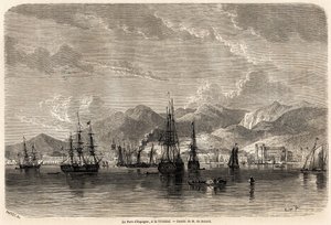De haven van Spanje, in Trinidad (Trinidad en Tobago), tekening door Evremond Auguste de Berard (1824-1881), ter illustratie van de reizen naar de West-Indië, in 1858-1859, door Anthony Trollope (1815-1882). Gravure in "Le tour du monde, nouveau journal de door Evremond de (after) Berard
