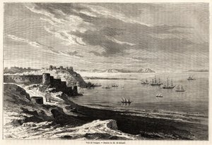 Uitzicht op Tanger (Marokko), tekening door Evremond de Berard (1824-1881), ter illustratie van de reisnotities van M.F.Schickler naar Marokko. Gravure in "Le tour du monde, nouveau journal des voyages" Parijs door Evremond de (after) Berard