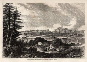 Uitzicht op Victoria-Vancouver, hoofdstad van Brits-Columbia, tekening door Auguste de Berard (1824-81), ter illustratie van de verkenning van de Rocky Mountains in 1857-59 door Kapitein John Palliser. Gravure in "Le tour du monde, nouveau journal des voya door Evremond de (after) Berard