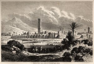 Uitzicht op de stad Marrakech (voorheen Marokko), tekening door Auguste de Berard (1824-1881), ter illustratie van de reis van de heer F. Schickler naar Marokko in 1860. Gravure in 