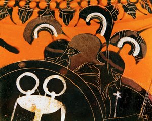 De driekoppige reus Geryon wiens vee Herakles stal ... door Exekias Exekias