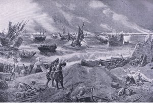 James II bij de Slag bij La Hogue, 23 mei 1692, illustratie uit British Battles on Land and Sea, 1915 door Eyre Crowe