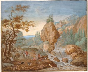 Berglandschap met een jachtpartij op de voorgrond